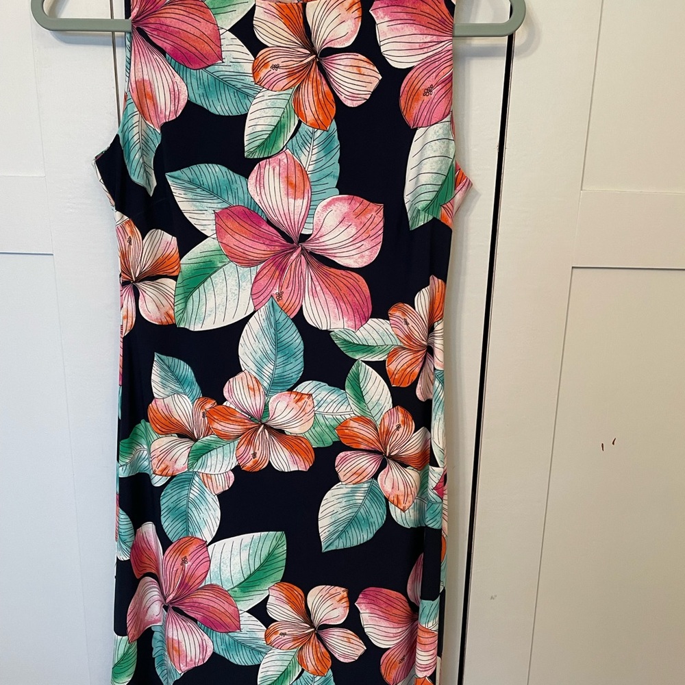 Tommy Hilfiger Vibrant Floral Midi Dress - Pink, Orange, Green on Navy